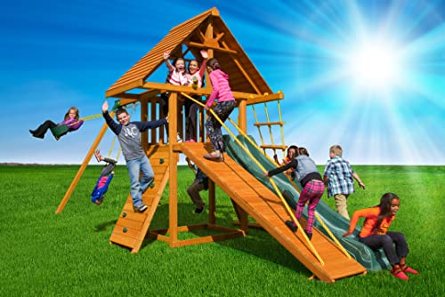 Dreamscape Solid Cedar Wood Swing Set | Jungle Gym with Clubhouse, Rock Wall, Wave Slide, Wood Roof, Gang Plank, Swings & Accessories | Easy Assembly | Kids Playhouse (#3)
