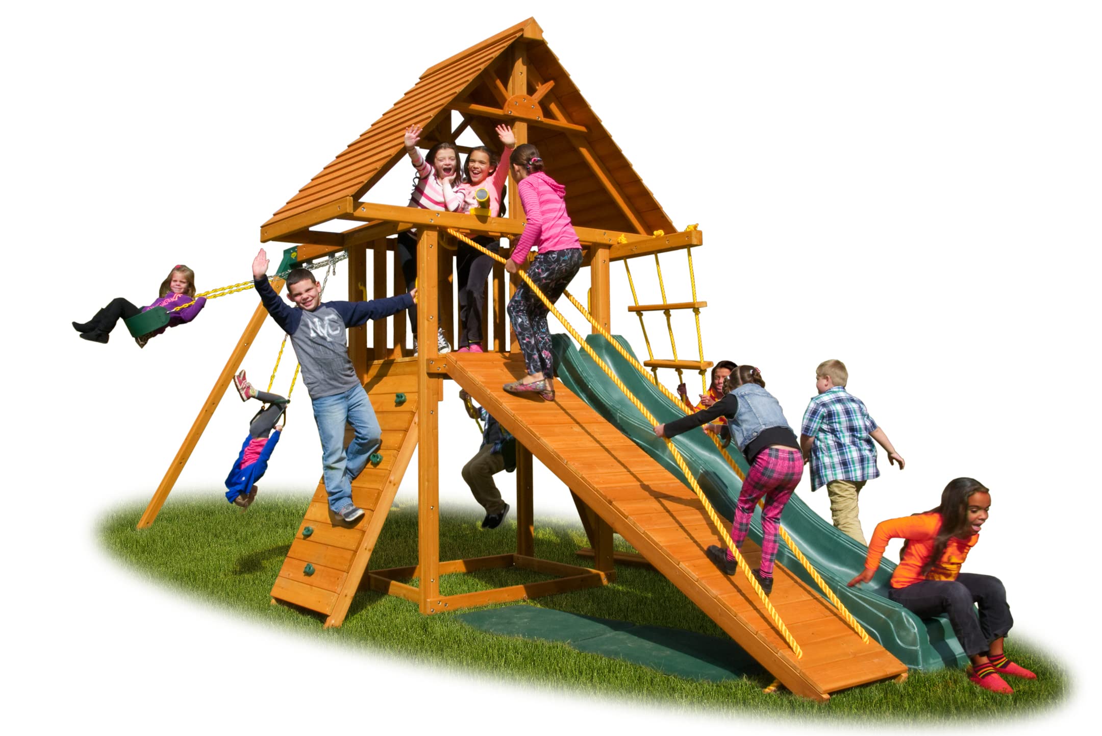 Dreamscape Solid Cedar Wood Swing Set | Jungle Gym with Clubhouse, Rock Wall, Wave Slide, Wood Roof, Gang Plank, Swings & Accessories | Easy Assembly | Kids Playhouse (#3)
