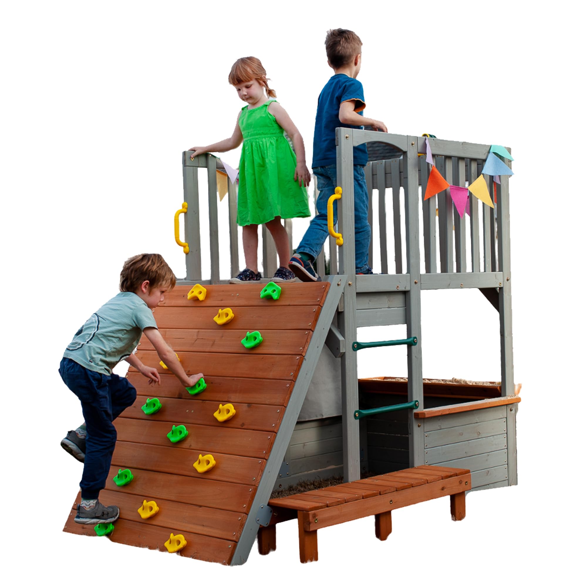 Large Playhouse for Kids Outdoor - Funphix Wooden Playhouse with Sandbox, Bench, Play Telescope, Ladder, Climbing Ramp & Doors - Durable 2 Levels Lookout Post Outdoor Playset for Backyard