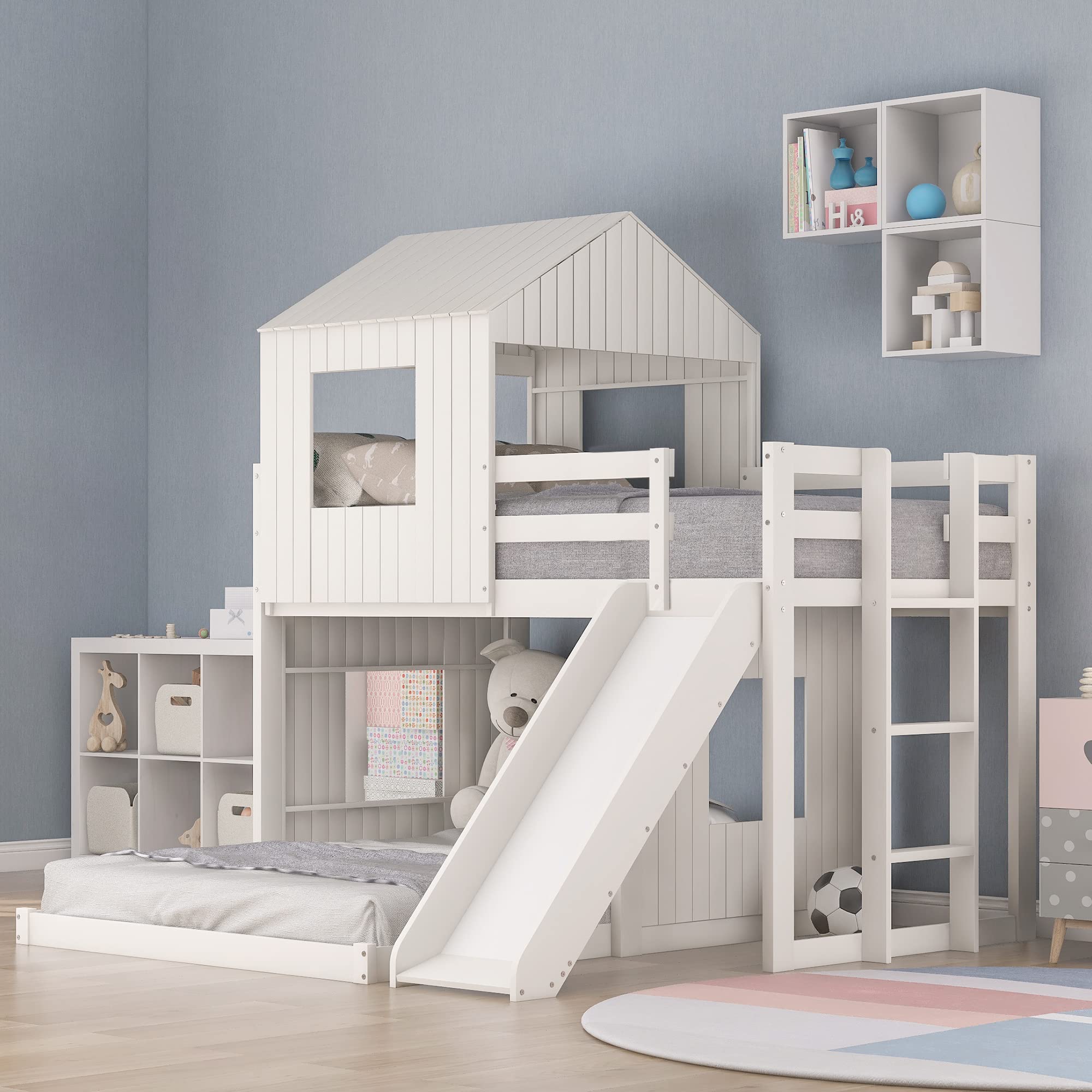 Harper & Bright Designs Wood House/ Bunk Bed with Slide, Roof and Guard Rail for Kids, Toddlers, No Box Spring Needed