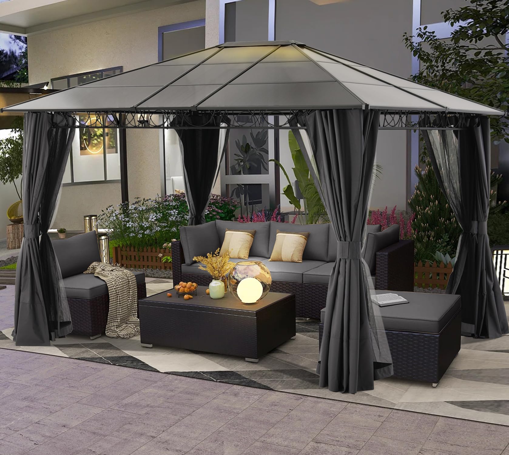 10x12 Hardtop Patio Gazebo with Curtains and Netting by ABCCANOPY