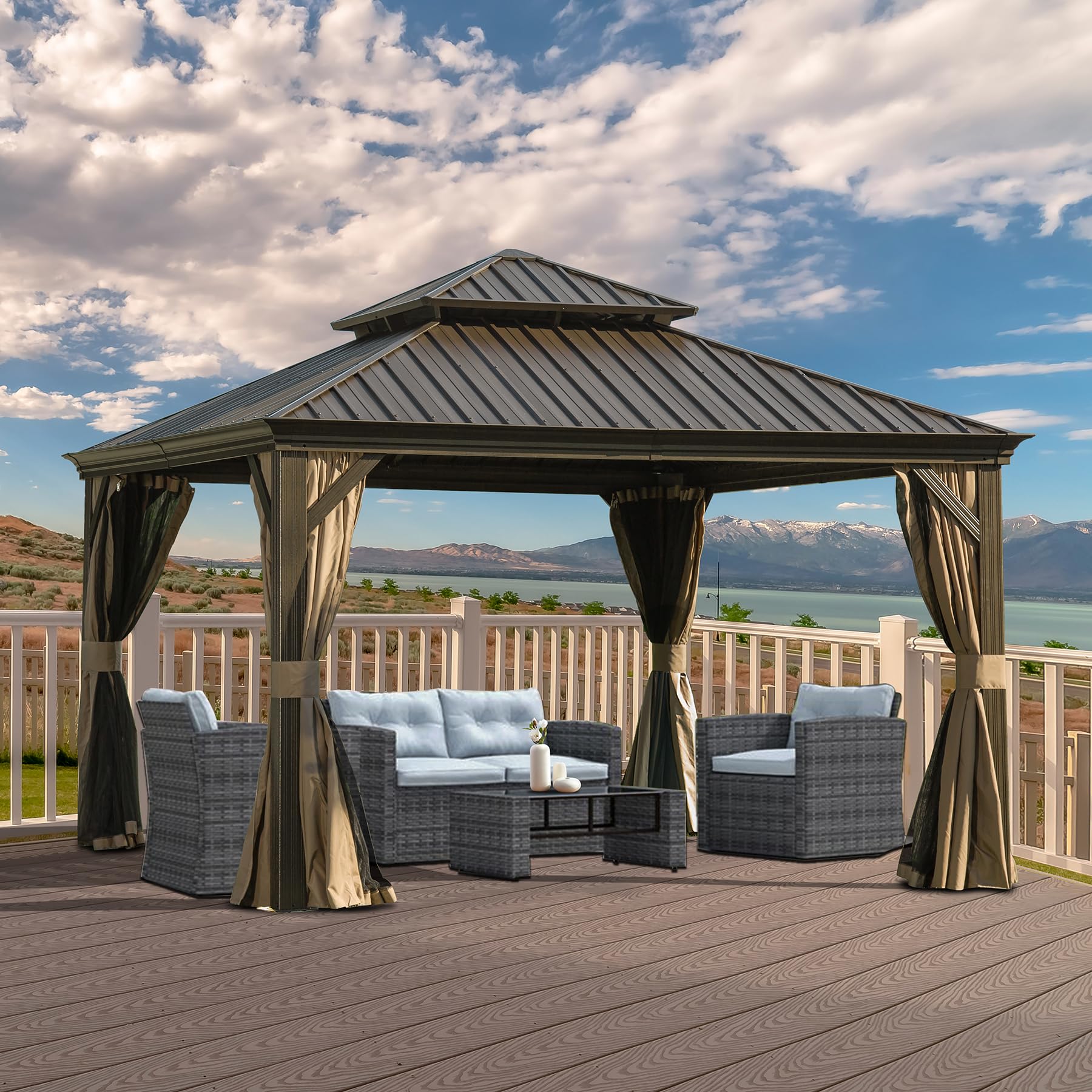 Domi Outdoor Living 12’ X 12’ Hardtop Gazebo, Outdoor Aluminum Frame Canopy with Galvanized Steel Double Roof, Outdoor Permanent Metal Pavilion with Curtains and Netting for Patio, Backyard and Lawn