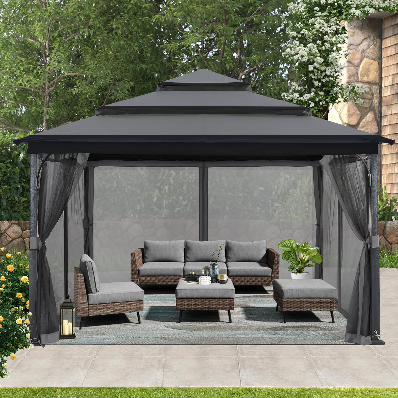 MASTERCANOPY 12x12FT Outdoor Gazebo for Patios with 3-Tier Roof Canopy Gazebo with Mosquito Netting,Dark Gray