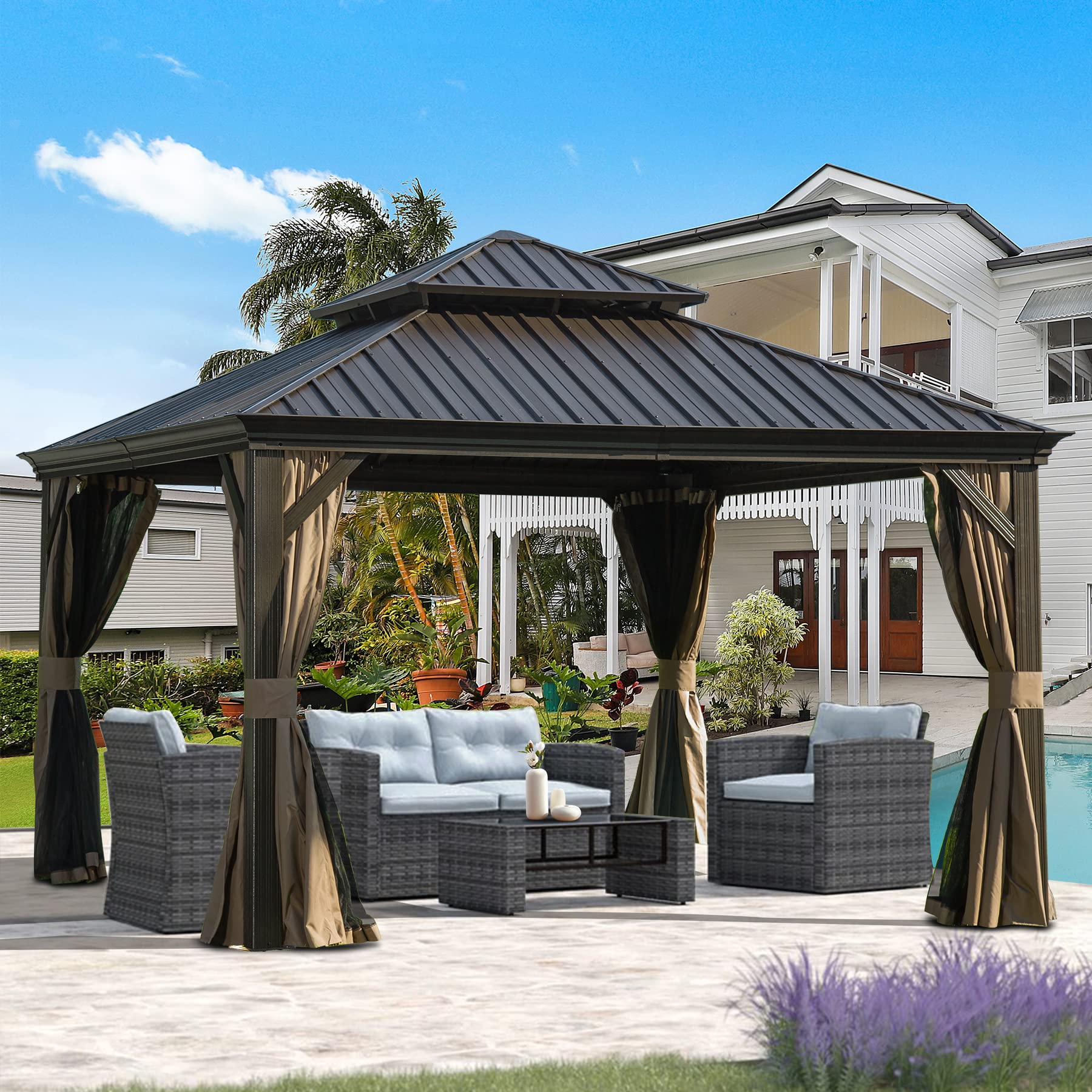 Domi Outdoor Living 12’ X 12’ Hardtop Gazebo, Outdoor Aluminum Frame Canopy with Galvanized Steel Double Roof, Outdoor Permanent Metal Pavilion with Curtains and Netting for Patio, Backyard and Lawn